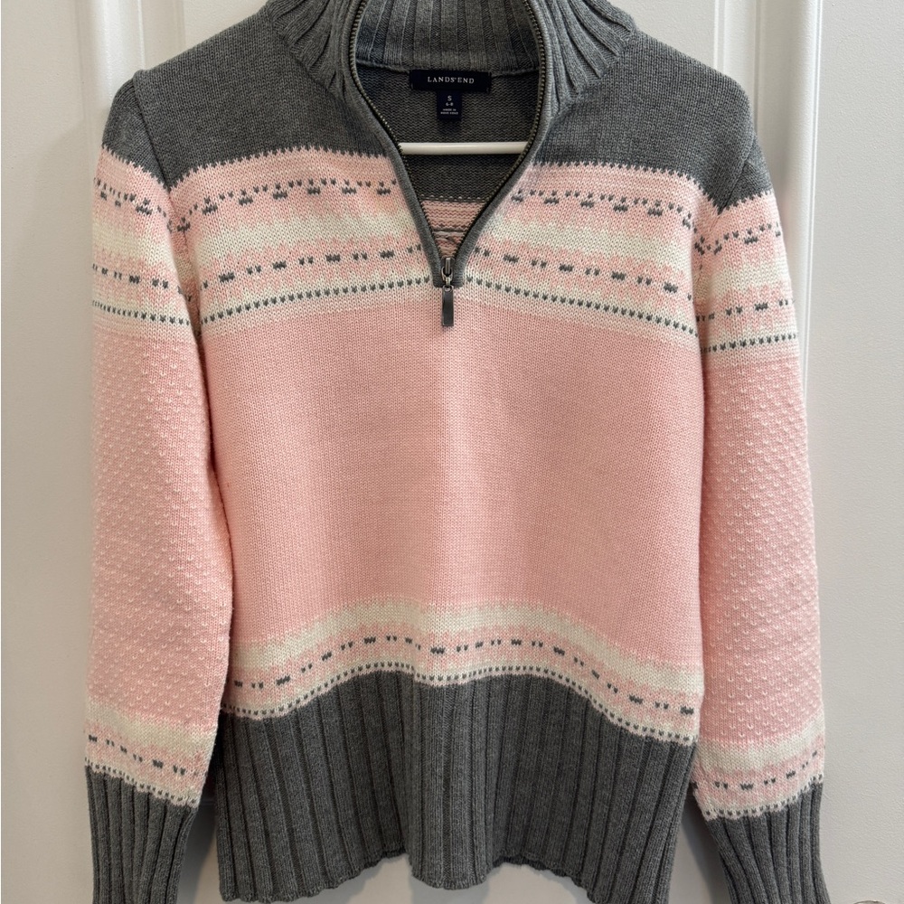 Lands' End Women's Cowl Neck 100% cotton Sweater in Pink and Gray
